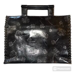 Vtg Mark Chantal MC Satchel Handbag Black Embossed Four Leaf Clover Top Handle